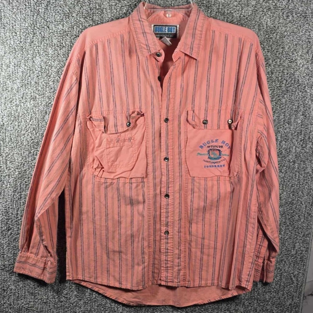 Bugle Boy Button Down Shirt Salmon Striped Vintage 90s - Mens Size Medium